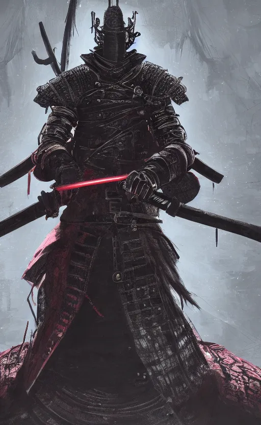 Prompt: a portrait of cyberpunk samurai with double sword, bloodborne concept art, 4 k