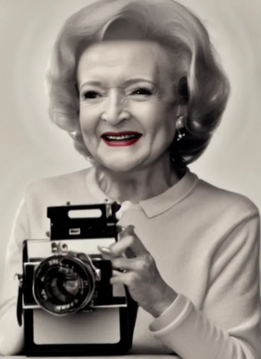 Image similar to a grainy film photo of Betty White, Kodak Brownie Camera