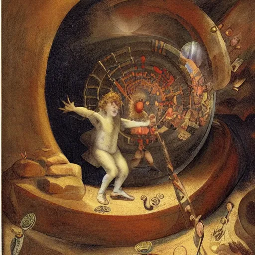 Image similar to A illustration. A rip in spacetime. Did this device in his hand open a portal to another dimension or reality?! Labyrinth Pan's by Frans Francken the Younger, by Santiago Calatrava