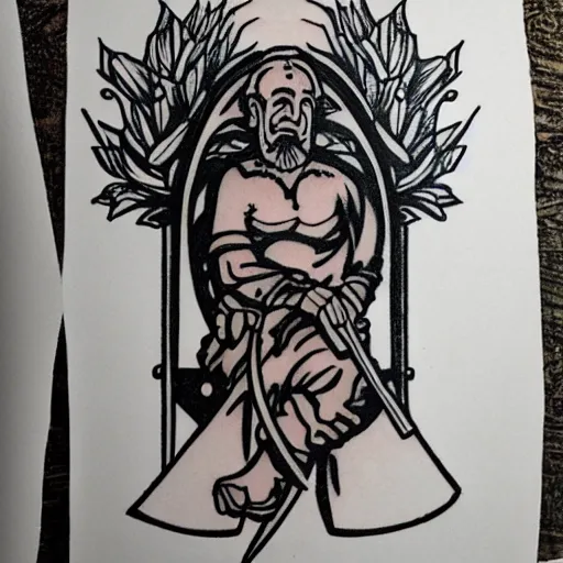 Image similar to tattoo design, stencil, a tarot card, an old man resting on a sword, tarot