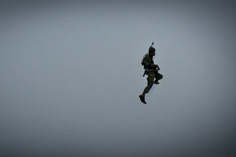 Prompt: bangladesh army commander jumping from a helicopter, cinematic shot, motion still, atmospheric