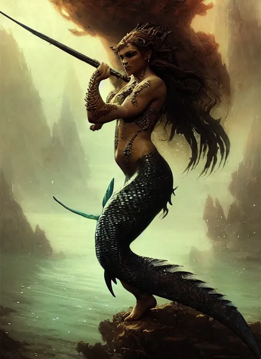 Image similar to a fierce mermaid warrior under water, fantasy character portrait, ultra realistic, concept art, intricate details, highly detailed by greg rutkowski, gaston bussiere, craig mullins, simon bisley