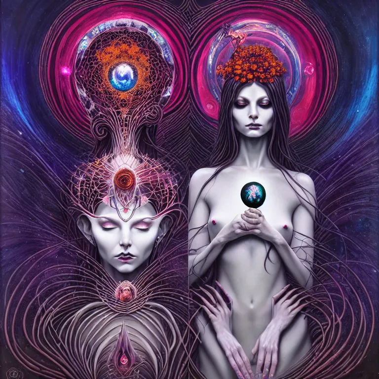 Image similar to stunning otherworldly gothic goddess of beauty magic the gathering, stars of spirit, by peter rohrabacher annatto finnstark | worldly flowers by leiko ikemura, and ilya kuvshinov | sparkling atom fractals of jewls cords, by alex grey and hr giger