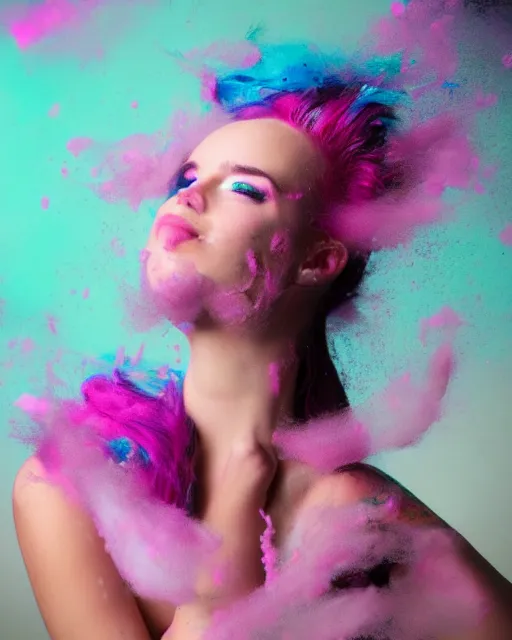 Image similar to a dramatic lighting photo of a beautiful young woman with cotton candy hair. paint splashes. with a little bit of cyan and pink