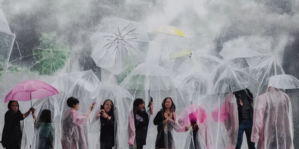 Prompt: people in transparent raincoats holding transparent umbrellas