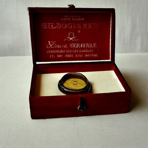 Image similar to vintage gift box for men, stamped with sealing wax, old school, wes anderson style