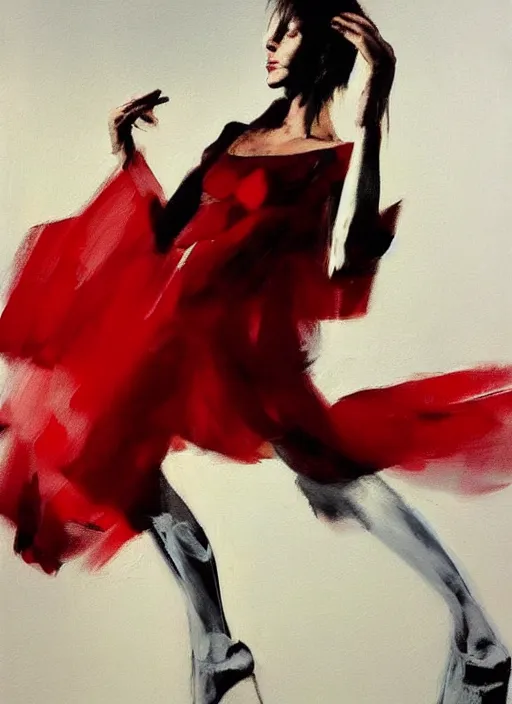 Image similar to fashion model in red dress, painting by phil hale, fransico goya,'action lines '!!!, graphic style, visible brushstrokes, motion blur, blurry, visible paint texture, crisp hd image
