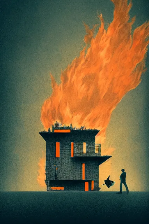 Image similar to burning overgrowth!!!!!+a lone man+fish flying in the sky, Mads Berg, Karolis Strautniekas, film noir, stippled light, dramatic lighting,editorial illustration, detailed,fine texture, matte print, art deco, brutalism, dark blue + dark orange, red, black, ((habitat 67 background))