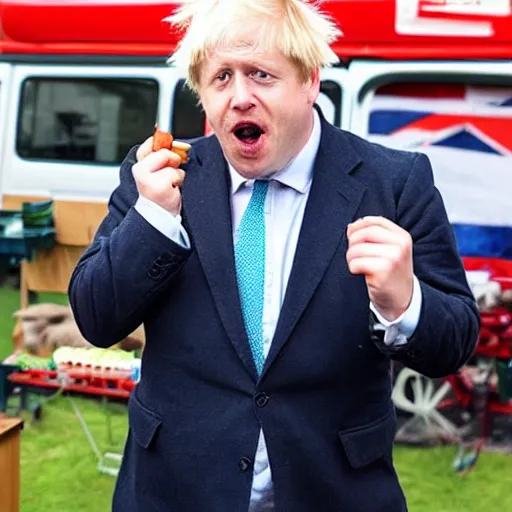 Prompt: boris johnson eating a hotdog mouth wide open