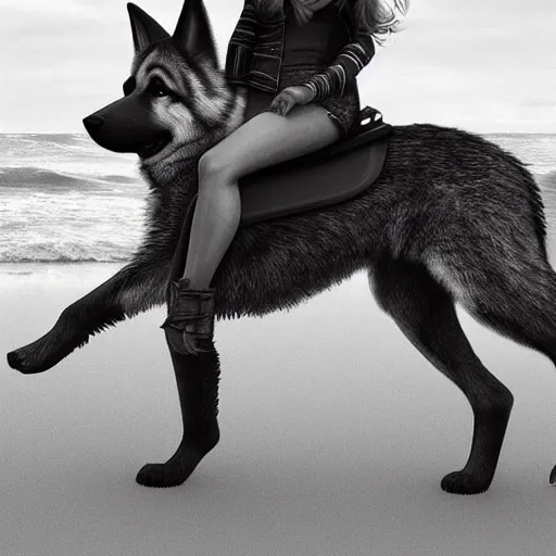 Image similar to girl riding a giant German shepherd at the beach, trending on artstation