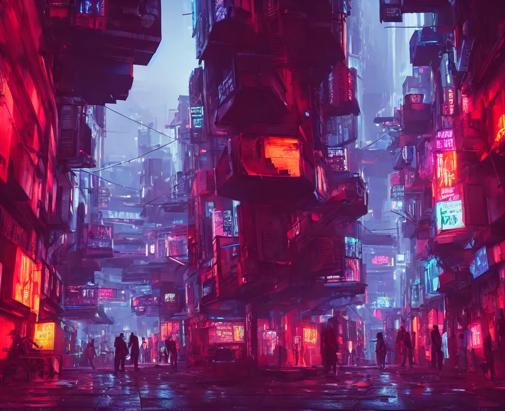 Prompt: three point perspective close wide angle shot of a matte painting environment design of cyberpunk alley with neon lights, people on the streets being monitored by flying drones, artstation, ultra realistic, volumetric lighting, 4k, octane render
