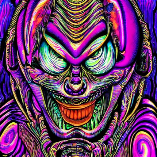 Image similar to a psychedelic godlike humanoid, hyper detailed, in the style of h. r. giger and junji ito and bob ross and lisa frank, selfie