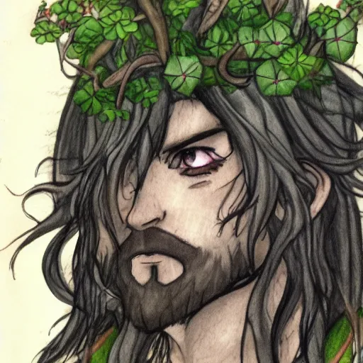 Prompt: male firbolg druid with vines and hibiscus flowers as hair simple drawing, pointy ears, gray skin, dungeons and dragons, comic style