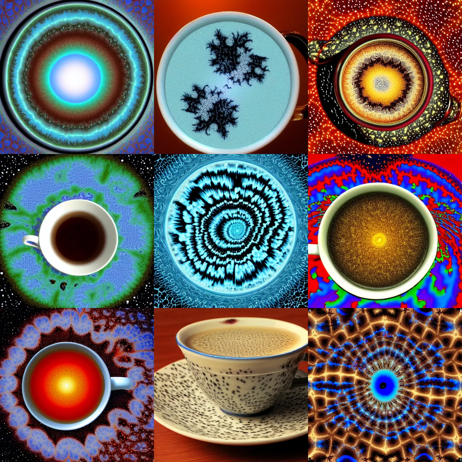 Prompt: mandelbrot fractal in a cup of tea, cosmic background,