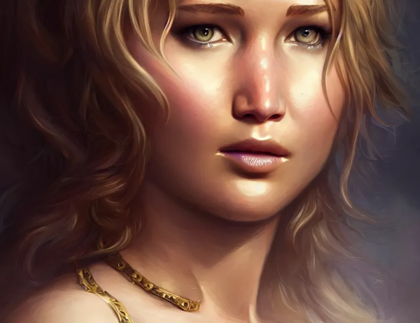 Image similar to Jennifer Lawrence, closeup, D&D, fantasy, intricate, elegant, highly detailed, digital painting, artstation, concept art, matte, sharp focus, illustration, hearthstone, art by Artgerm and Greg Rutkowski and Alphonse Mucha