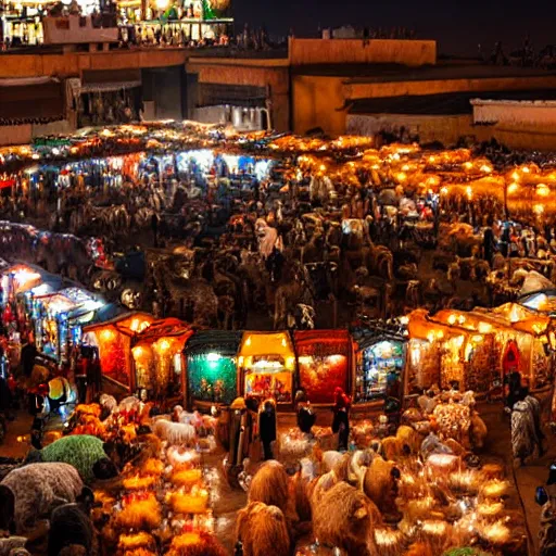 Prompt: a detailed night market full of bears in Marrakech, Gigapixel photo, detailed, glowing string lights, realistic