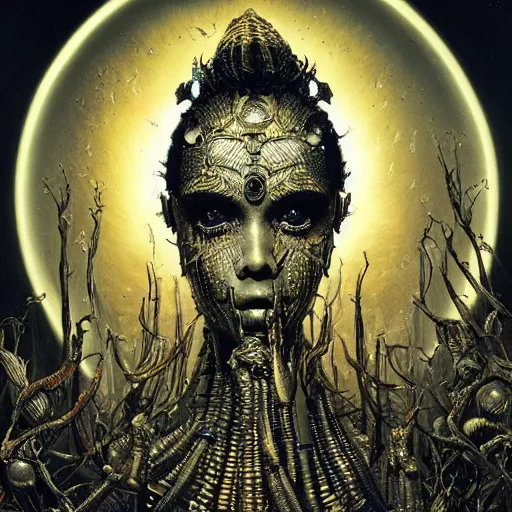 Image similar to Goddess of the golden harvest painting by Dan Hillier and H. R. Giger and Greg Rutkowski, intricate, highly detailed, trending on artstation, artstationHD, artstationHQ, 4k, 8k, sharp, rich vivid colors