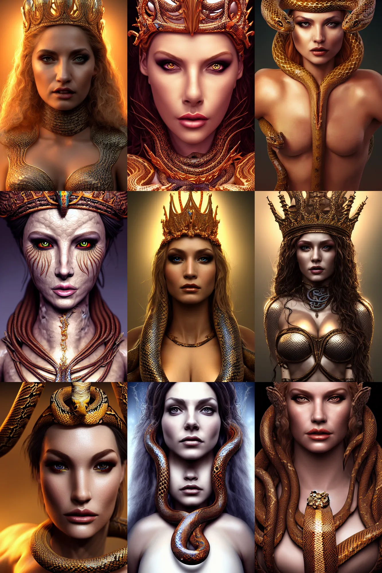 Prompt: highly detailed photographic render of the snakes queen, beautiful woman, fantasy art, hyper-realistic, beautiful face, attractive body, queen crown, full body, intricate, realistic, cinematic lighting, volumetric lighting, trending on artstation, artstationHD, 8k, highly detailed