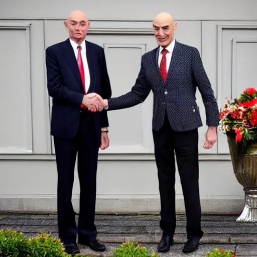 Image similar to pim fortuyn and michael jackson shaking hands, on a podium, in front of the queen