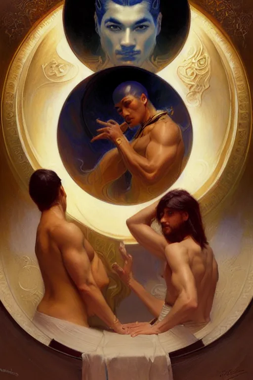 Image similar to male, taoism, yin - yang, painting by gaston bussiere, greg rutkowski, j. c. leyendecker, artgerm