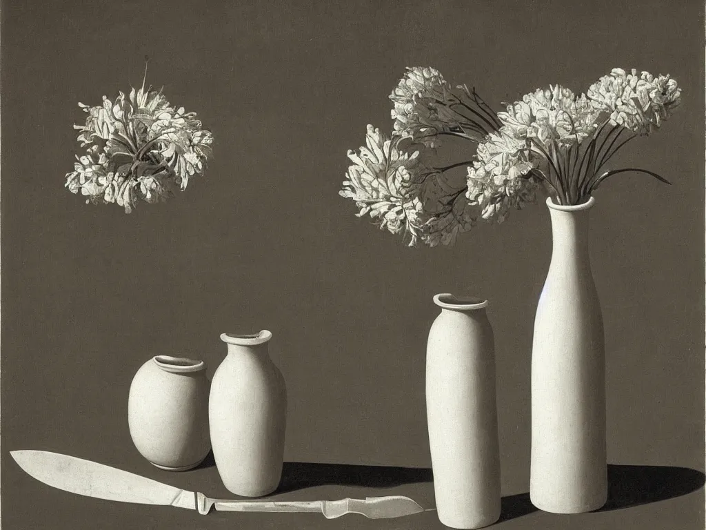 Image similar to Still life with white vase, ceramic pot, dried flower, hand holding a knife, absurd architectural model. Painting by Zurbaran, Karl Blossfeldt, Morandi, Escher