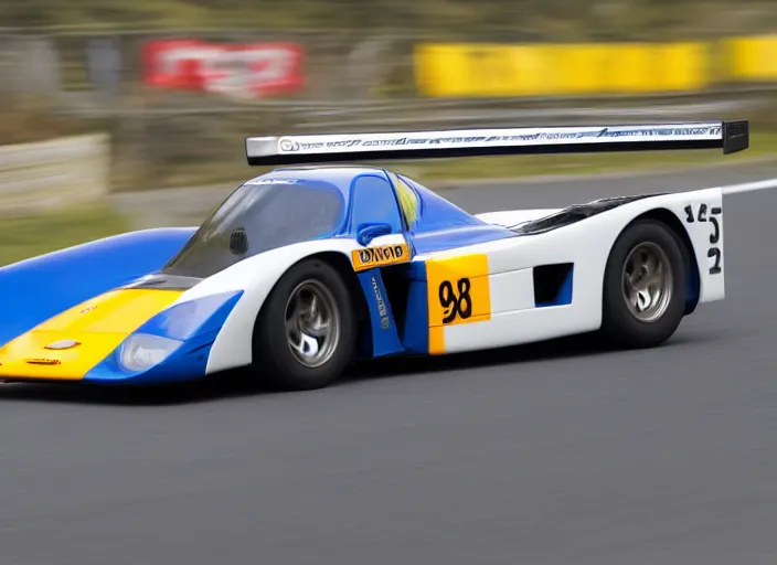 Prompt: Dauer 962 LeMans road car racing down high way motion blur front side view