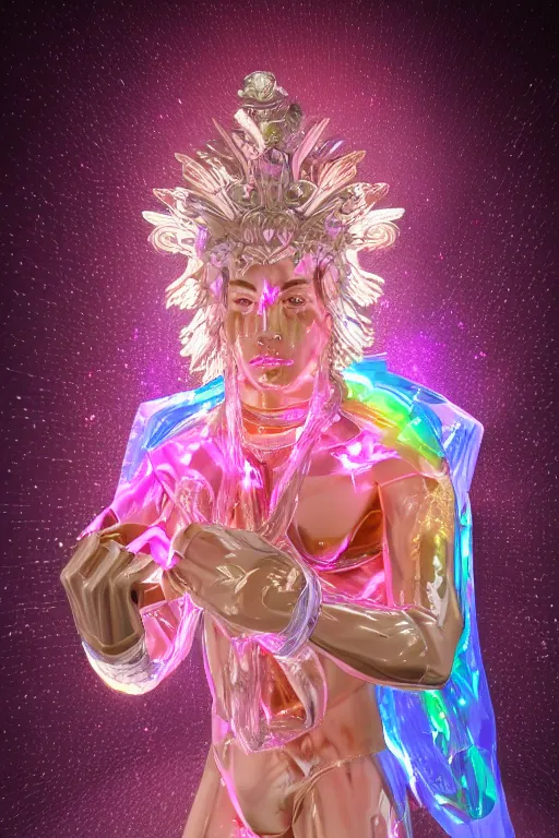 Image similar to hyper detailed ultra sharp fullbody photo of baroque and cyberpunk transparent pink gem sculpture of a muscular seductive young latino feeling muy cachondo, muy dotado, iridescent humanoid deity wearing ed plastic seethrough cloak, holding a rainbow tiger gem, blue diamond, glowing pink face, crown of white diamonds, cinematic lighting, photorealistic, octane render 8 k