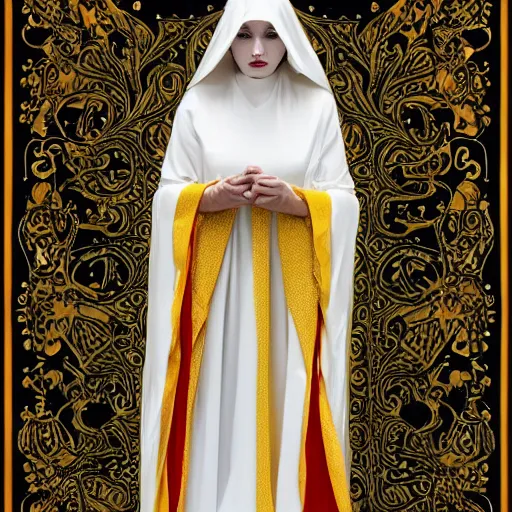 Image similar to a white pale masked priestess of the king in yellow, with a tight yellow silk robe, she wears a lot of luxury jewelry with red gems, fantasy, highly detailed, by peter morbacher