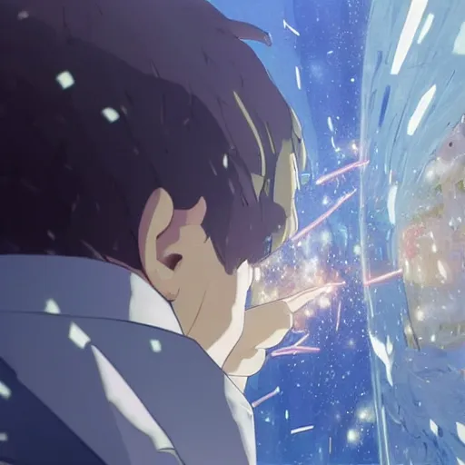 Image similar to A mixed mediart. A rip in spacetime. Did this device in his hand open a portal to another dimension or reality?! extreme close-up by Makoto Shinkai unplanned