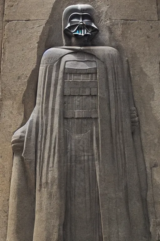 Image similar to A monumental sandstone statue of Darth Vador standing, in the style of the late Akkadian empire, museum catalog photography