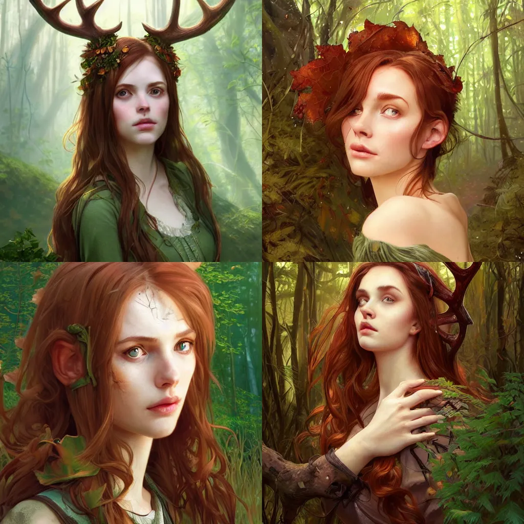 Prompt: portrait of a young woman with red brown hair and antlers and small scars on her face green dress forest in the background d & d fantasy intricate big beautiful eyes cinematic lighting highly detailed digital painting artstation concept art smooth sharp focus illustration art by artgerm and greg rutkowski and alphonse mucha