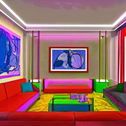 Image similar to hd photo of a living room, designed by and artist henri matisse paintings, wide lens, three point perspective, neon lights, highly detailed, unreal engine, photorealism