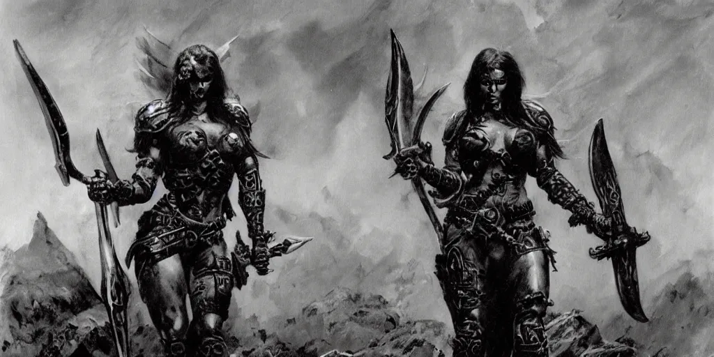 Image similar to female death dealer warrior, angel, by frank frazetta, wield large sharp metal double axe, full armor with ornaments made of black obsidian, standing on a hill at dark forest, cloudy dark sky, post-apocalyptic hellscape, hyperdetailed, photorealistic