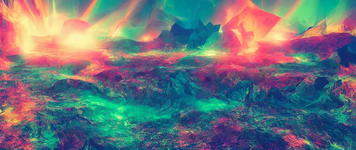 Prompt: dream landscape, simulation, glitch art, volumetric object, physical particles, translucence, cinematic lighting, iridescence, by ash thorpe