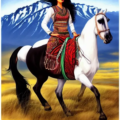 Image similar to full body shot of a beautiful young kurdish woman with beautiful black hair riding a beautiful white horse in the kurdish mountains art by martin ansin, highly detailed, 8 k, high resolution, award winning art, incredibly intricate, beautiful and symmetrical face