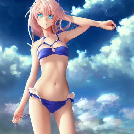 Image similar to a very beautiful young anime flower girl, full body, long wavy blond hair, sky blue eyes, full round face,, bikini, miniskirt, front view, mid - shot, highly detailed, cinematic wallpaper by stanley artgerm lau