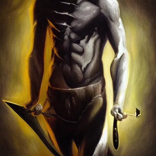 Image similar to fantasy painting of a pale man with a black blade covered in runes, painted by Robert Gould, ultra detailed, 8k