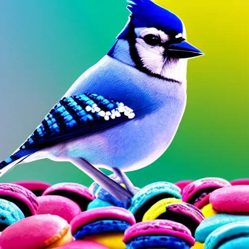 Image similar to A photograph of a (photorealistic blue jay) standing on a large basket of rainbow macarons.