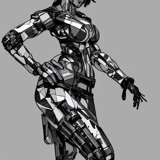 Image similar to yoji shinkawa render of redhead cyborg with curvy figure, glitches, concept art