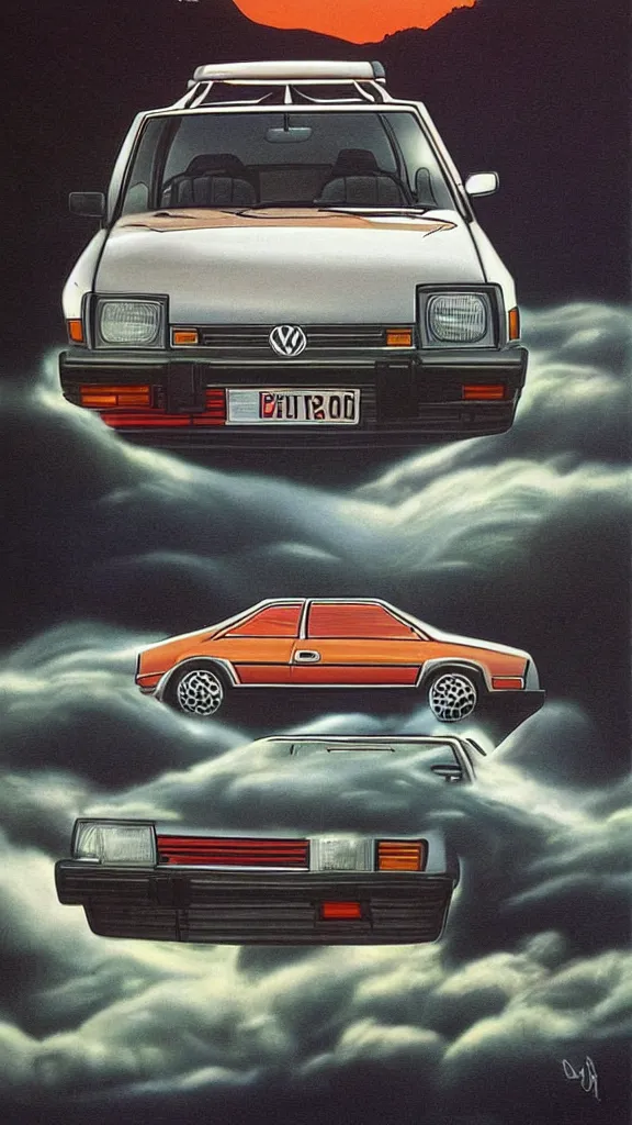 Image similar to 1 9 8 0 s airbrush surrealism illustration of a vw golf by don wieland