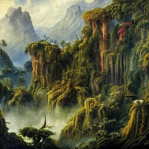 Image similar to a beautiful and highly detailed matte painting of a magical garden in a lush forest in a forgotten valley in an epic mountain range, intricate details, epic scale, insanely complex, 8 k, sharp focus, hyperrealism, by caspar friedrich,