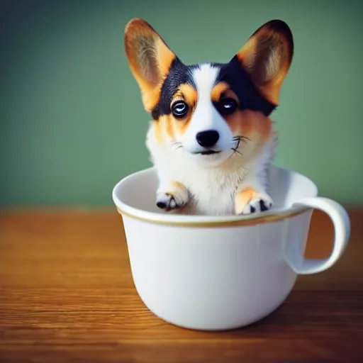 Prompt: beautiful cute little corgi inside a cup, photo studio, professional photo, professional lighting, sunlight, trending on instagram, hdr, 8 k