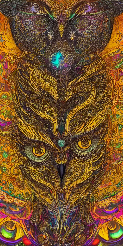 Image similar to intricate ornate of an owl with beautiful yellow eyes on a psychedelic journey in the style of android jones, sacred, ethereal, sacred geometry, hyper detailed, high detail, artstation, octane, unreal engine