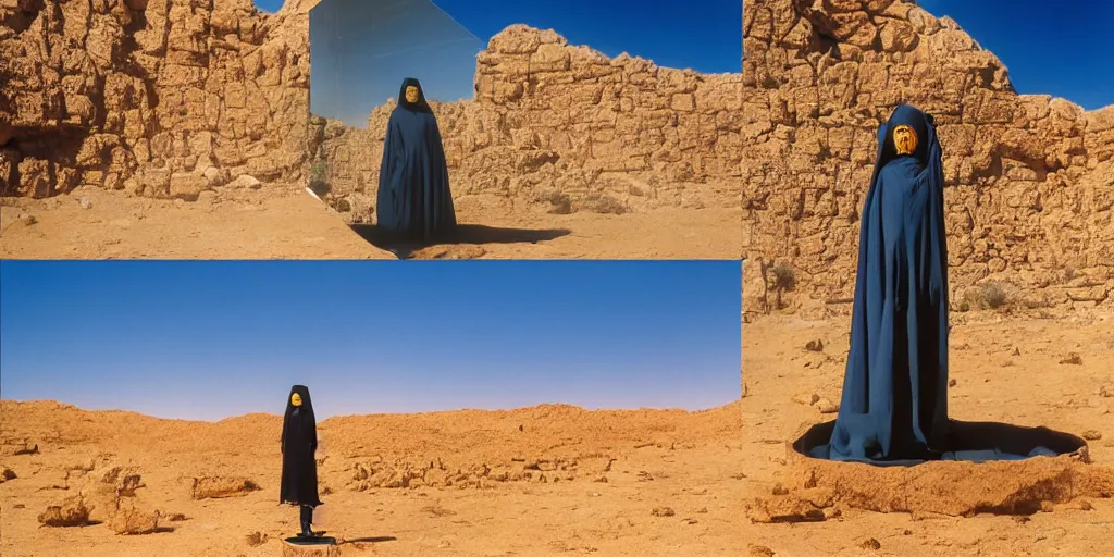 Image similar to levitating bene gesserit with full - face golden mask in a dry rocky desert landscape, visible sky and sunny atmosphere, fata morgana and giant square mirrors by alejandro jodorowsky, anamorphic lens, kodakchrome, practical effects, masterpiece, 8 k