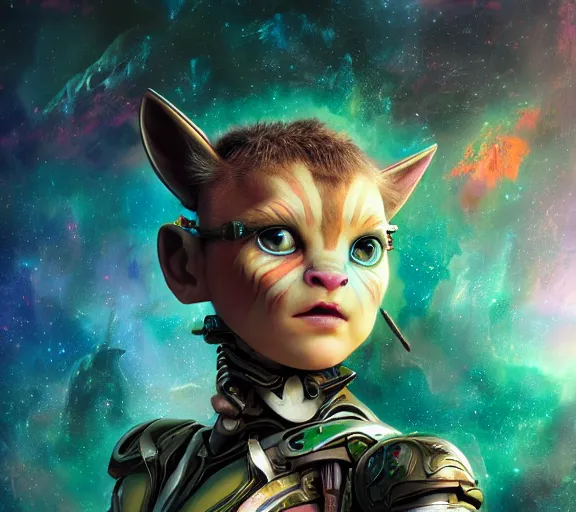 Prompt: epic fantasy comic book style portrait painting of an extremely cute and adorable very beautiful futuristic nebulapunk cyborg cat halfling na'vi from avatar, character design by mark ryden and pixar and hayao miyazaki, unreal 5, daz, hyperrealistic, octane render, cosplay, rpg portrait, dynamic lighting, intricate detail, summer vibrancy, cinematic