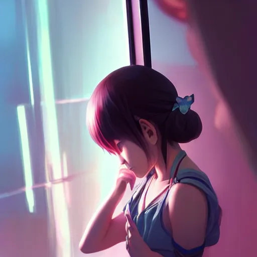 Image similar to very small little girl by ross tran, touching their reflection in the mirror sana takeda, rtx reflections, very high intricate details, digital anime art by artgerm, medium shot, mid - shot, composition by ilya kuvshinov, lighting by greg rutkowski