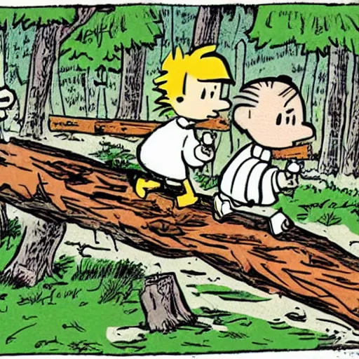 Image similar to John Calvin and Thomas Hobbes walking across a fallen log, cartoon, newspaper comic strip, by Bill Watterson.