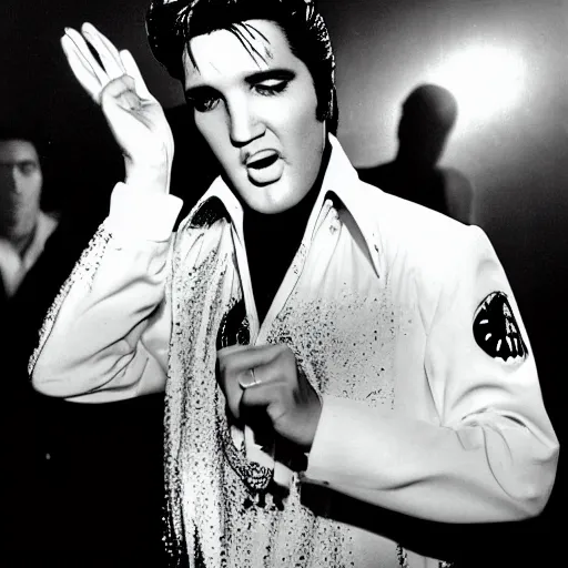 Image similar to black and white photograph of elvis on drugs dancing, aliens from another planet in the background