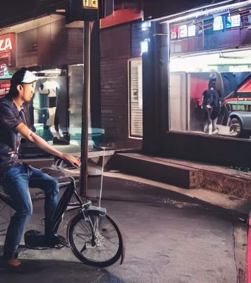 Prompt: suspicious pizza delivelery asian guy, dark building, deliver uniform, the place of the shooting, real life photo, 4 k, cyberpunk style, highly detailed, focus on face