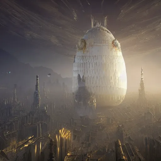 Image similar to enormous flying city in a faberge egg, sky, steampunk, fantasy art, masterpiece, hugh ferriss, unreal engine 5, peder balke